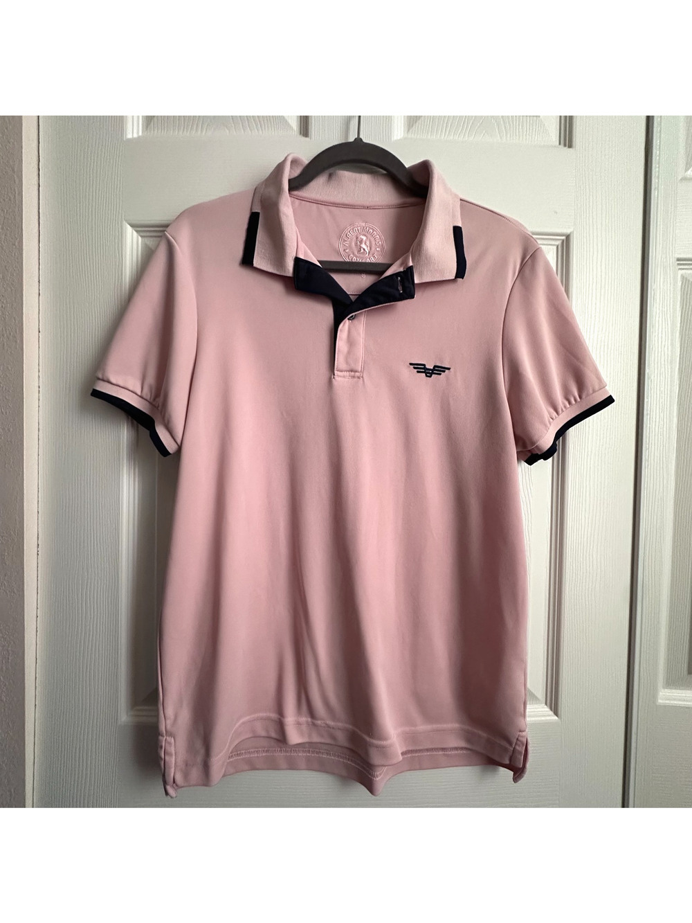 Albert Morris Men's Small Pink Comfort Polo Shirt Navy Trim Preppy Golf